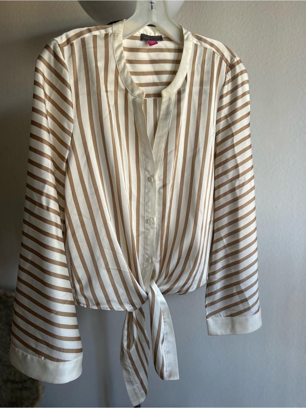 Vince Camuto Cream & Tan Striped Tie-Front Button-Down Blouse